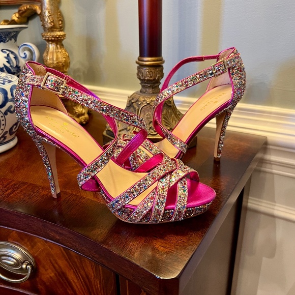 EUC Kate Spade Strappy Pink High Heel Sandals Irridescent Glitter Size 8 B - Picture 1 of 6